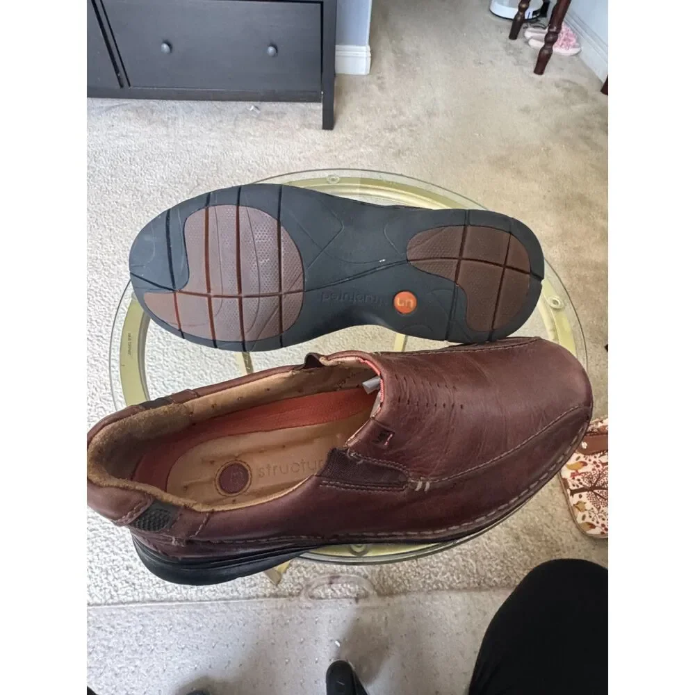 Clarks Unstructured Brown Leather Slip On Loafers Mens Size 10 Comfort Casual